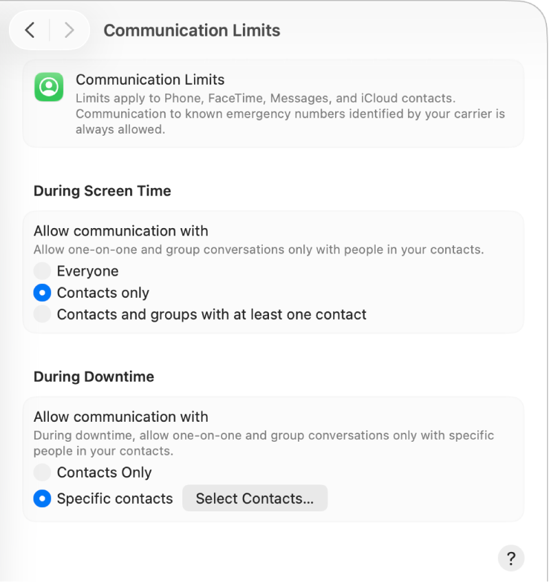 Communication Limits settings showing contacts-only options
